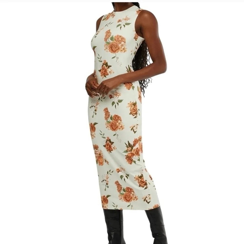 WeWoreWhat MUSCLE TANK MIDI DRESS NEUTRAL FLORAL IVORY MULTI, Size Small